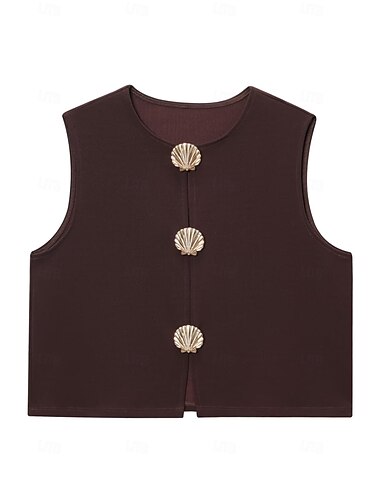 Damen Camisole-Tanktop Einfarbig Elegant Bohemien Vintage Ärmellos Ärmellos Rundhalsausschnitt Crop Tops Arbeit Täglich Ferien Knöpfe Braun Sommer Frühling Herbst