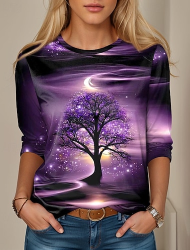  Жен. Футболка Графика Градиент Винтаж Стиль Классика Длинный рукав Вырез под горло Обычные топы Повседневные С принтом Синий Лиловый Зеленый Серый Весна Осень Зима