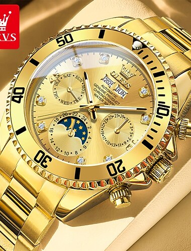  Olevs 6729 relógios masculinos de luxo, relógio de pulso mecânico totalmente automático, calendário semanal, à prova d'água, relógios luminosos