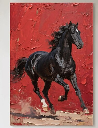  Pintura al óleo original de caballo con textura roja y negra sobre lienzo, semental salvaje, arte mural equino, espátula, obra de arte, decoración ecuestre moderna y audaz.