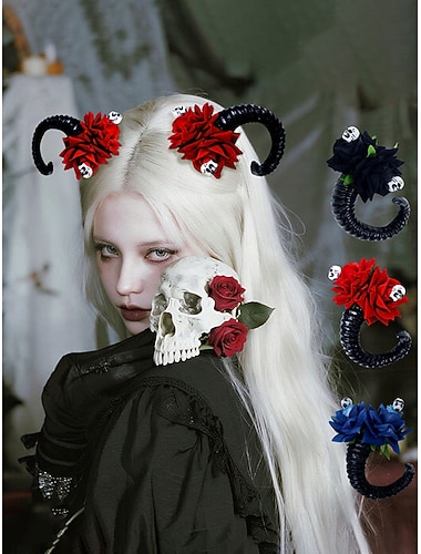  Dam Halloween gotiska hårspännen med ramhorn - svarta böjda horn med dödskalle- och rosdetaljer, cosplay-kostymhuvudbonad för häxor, vampyrer och kusliga festkläder