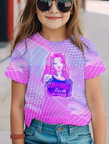  חולצת טי קצרה בסגנון אנימה אופנתי של K-pop, חמודה לבנות, נושמת ונוחה, מודפסת, אופנתית, לבוש קז'ואל, סגנון שובב, עיצוב חמוד, גרפיקה מהנה, תפירה איכותית