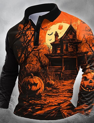  Halloween Ανδρικά Κολοκύθα Κάστρο Πόλο Μακρυμάνικο Μπλουζάκια πόλο Πέτο Καθημερινό Δρόμος Ένδυση γυμναστικής και άθλησης Φεστιβάλ στολή 3D εκτύπωση Κουμπιά Άνοιξη Φθινόπωρο Χειμώνας πορτοκαλί1