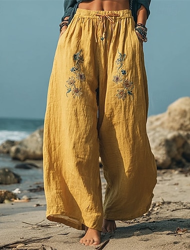  Damen Weites Bein Hosen Hose Palazzo-Hose Mode Boho Volle Länge Hohe Taille Blume Kordelzug Elastischer Bund Druck Atmungsaktivität Bequem Straße Alltagskleidung Ausgehen Rot orange Gelb Rosa / Lila