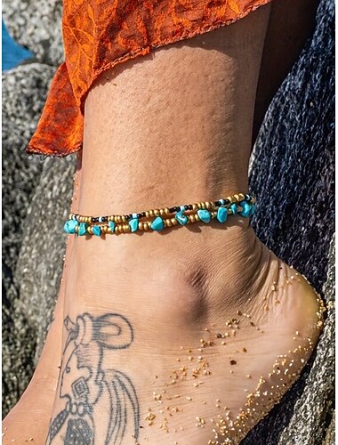  Turquoise enkelbandset met kralen voor dames - enkelband in bohemian-stijl met dubbele streng en versieringen van legering en edelstenen, perfect voor strand, poolparty's en zomermode