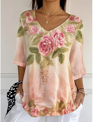  Dame Bluse Blomstret Grafisk Årgang Tropisk Stilfull 3/4 ermer V-hals Vanlige topper Daglig Rosa Dusty Rose Lilla Sommer Vår Høst