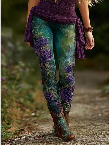  dambyxor leggings grafisk vintage streetwear full längd hög elastisk midja blommig andningsbar bekväm tribal vintage designertryck semester dagligen helgdagstryck grön höst vinter
