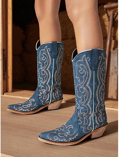  stivali da cowboy western blu da donna con ricami intricati, punta affilata e tacco basso per concerti country e stile rodeo