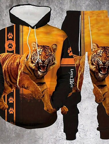  Pánské Zvíře Tygr 2ks Sady 3D mikin Tepláková souprava Mikina s kapucí Dlouhý rukáv Dlouhé kalhoty Kapuce Běžné Denní Oblečení na atletiku Streetwear 3D tisk Jaro Podzim Zima Žlutá