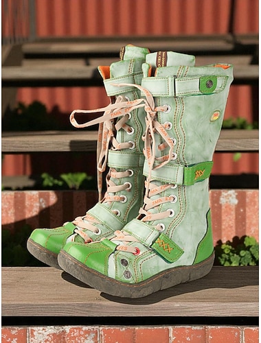  Bottes à lacets vertes pour femmes – bottes de combat d'extérieur vintage pour l'automne, la ferme, les festivals et les tenues décontractées