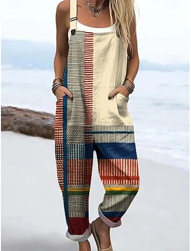  Damen-Latzhose, 100 % Baumwolle, aktiv, geblümt, ärmellos, gerader quadratischer Ausschnitt, Patchwork, Tasche, Urlaub, Alltag, lockere Passform, rosa, blau, lila, Sommer