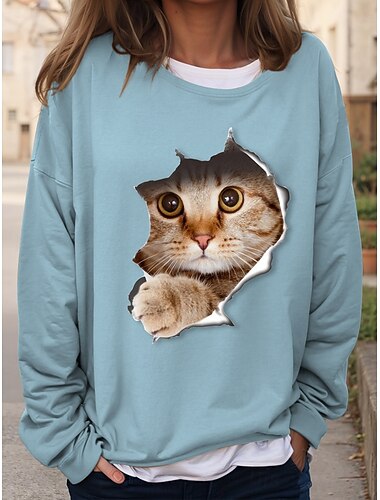  Mujer Sudaderas Graphic Gato Casual Manga Larga Cuello Barco Tops regulares Casual Estampado Negro Rosa Rojo Azul Piscina Caqui Otoño Invierno