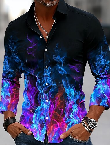  Per uomo Illusione ottica Fiamma Camicia Camicia con Bottoni Camicia casual Manica Lunga Casual All'aperto Ferie Estate Primavera Collo ripiegato Stampa 3D camicie con colletto Nero