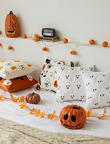  Καλύμματα μαξιλαριών για το Halloween, βελούδινες θήκες μαξιλαριών με φαντάσματα και κολοκύθες για καναπέ, καναπέ, κρεβάτι, διακόσμηση εξοχικού σπιτιού, 18x18 ίντσες