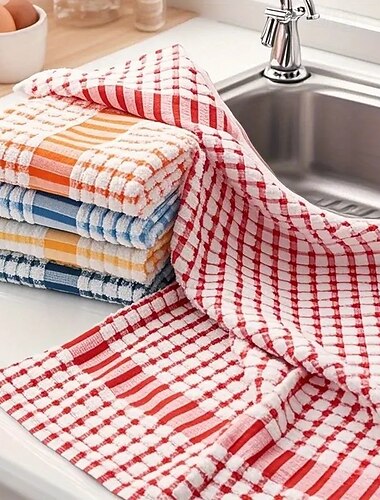  Confezione da 10 panni per la pulizia della cucina a quadretti grandi: assorbenti, riutilizzabili, in poliestere, nei colori rosso, blu, giallo &arancione per lavandino, tavolo &uso esterno