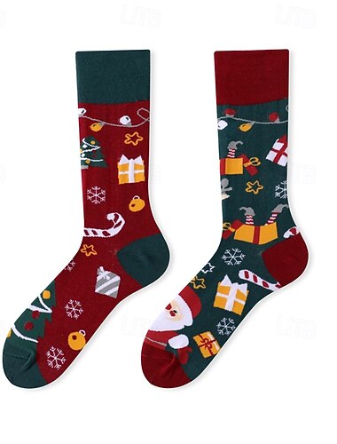  Calcetines de algodón peinado asimétricos hasta media pantorrilla, edición navideña, calcetines navideños unisex modernos y modernos.