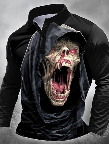  Día de los muertos Hombre Cráneos Polo Manga Larga Camisas de polo Diseño Casual Exterior Calle Ropa Deportiva Impresión 3D Botones Primavera Otoño Invierno Negro 1 Negro 2
