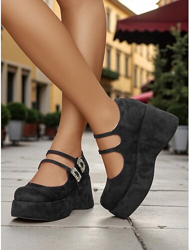  Dámské Podpatky Mary-jane Lolita Denní Barevné bloky Štras Přezky Klín Oblá špička Elegantní Roztomilý Umělý semiš Spona Černá Hnědá