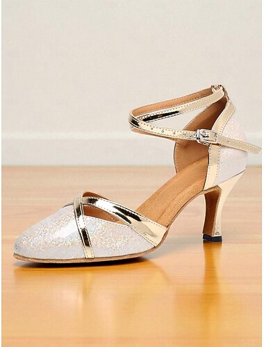  Zapatos de baile de salón para mujer con purpurina dorada, tiras cruzadas, punta cerrada y tacón medio: calzado profesional de rendimiento latino y estándar para competiciones y práctica.