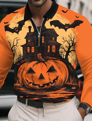  Halloween Homme Potiron Château Polo manche longue Polos Revers Occasionnel Rue Tenue quotidienne Tenue de fête Impression 3D Polo à fermeture éclair 1/4 Printemps Automne Hiver Noir Orange