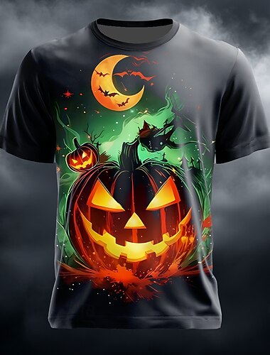  Halloween Муж. 3D-печати Тыква 3D Футболка С короткими рукавами Футболка 3D печать Вырез под горло Рубашка преувеличены Оригинальный рисунок Ужас Для вечеринок Для улицы Праздники Оранжевый Зеленый