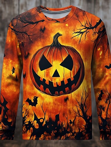  Halloween Herren Kürbis T-Shirt Langarm T-Shirt 3D-Druck Rundhals-Shirt Mode Übertrieben Lässig Täglich Rot Lila Orange Sommer Frühling Herbst Kleidung Apparel S M L XL XXL XXXL