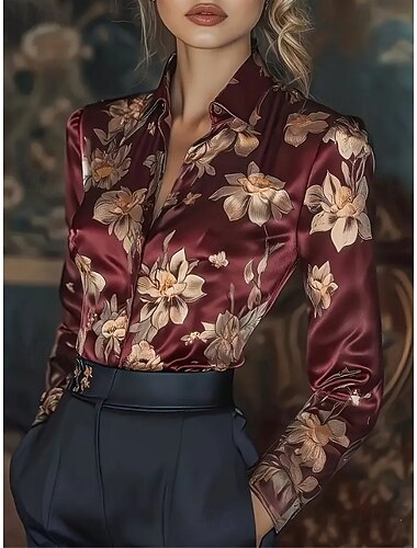 Dame Arbeidsskjorter Blomstret Grafisk Elegant Stilfull Fritid Langermet Skjortekrage Vanlige topper Arbeid Festkveldsklær Daglig Vin Blå Lilla Fuksia Vår, Høst, Vinter, Sommer