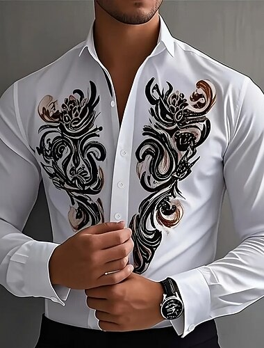  Per uomo Rotellina Stampa Floreale Etnico Camicia Camicia Western Camicia da cowboy Manica Lunga Vintage Retrò All'aperto Vacanza Primavera Autunno Collo ripiegato Stampa 3D Camicia tipo lino Bianco