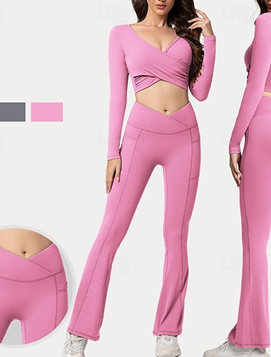  Per donna Tuta da allenamento Set sportivo da 2 pezzi Autunno Tinta unica Completo Abbigliamento Rosa Verde Palestra Pilates Yoga Controllo addominale Manica Lunga Sport Abbigliamento sportivo