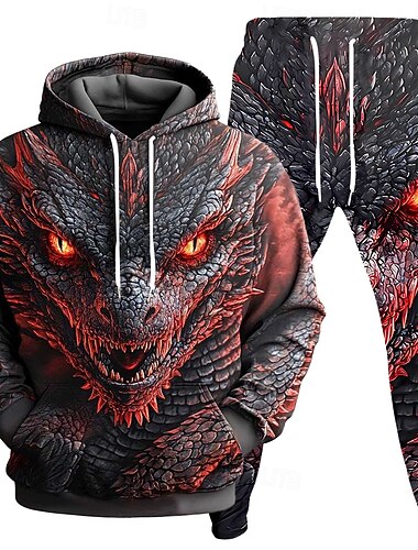  Per uomo Drago 2 pezzi Set di felpe 3D Tuta Felpa con Cappuccio Manica Lunga Pantaloni lunghi Con Cappuccio Casual Quotidiano Athleisure Stampa 3D Primavera Autunno Inverno Rosso