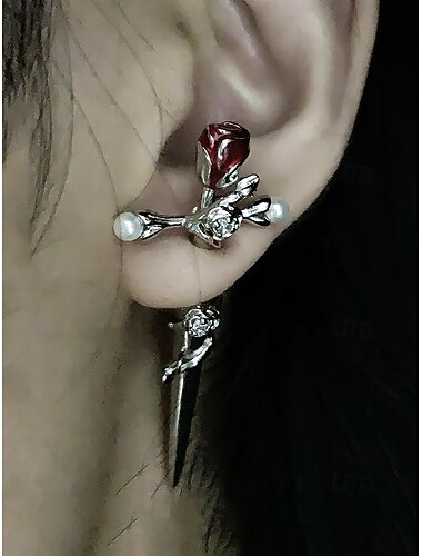  Women's Halloween Gothic Rose Dagger Earrings – Vintage Pearl and Crystal Drop Ear Jewelry for Costume Parties, Cosplay and Punk Fashion