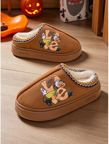  Dames Halloween pantoffels met fleecevoering – comfortabele binnenhuisschoenen met cartoon pompoenprint, zachte antislipzool, warme herfst-winterstijl voor thuis en als cadeau voor de feestdagen