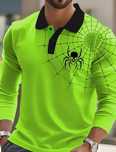  Halloween Homme toile d'araignée Polo manche longue Polos Revers Occasionnel Rue Athleisure Tenue quotidienne Impression 3D Boutons Printemps Automne Hiver Rouge Orange Vert