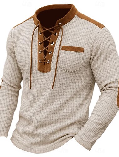  Pánské Vaflové tričko Tričko Waffle Henley košile Dlouhý rukáv Šněrování na krku Podzim Pevná barva Tradiční a retro Na běžné nošení Slátanina Kapsy Venkovní Domů Sporty a outdoor Rubínově červen