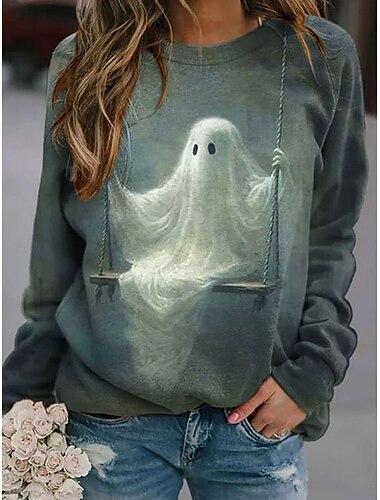  בגדי ריקוד נשים Pullover גראפי חג ליל כל הקדושים יום יומי שרוול ארוך צווארון עגול קצר חולצות רגילות קזו'אל שחור חום תלתן אפור סתיו