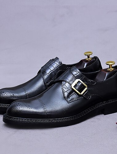  Zwarte herenschoenen met monniksband van echt leer - eerste laag rundleer met krokodillenstructuur en brogue-details, klassieke zakelijke formele schoenen voor kantoor, bruiloften en professionele