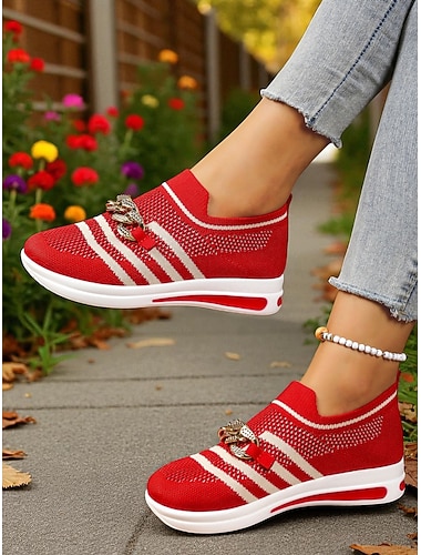  sneakers slip-on rosse da donna in Flyknit con dettaglio a catena – scarpe da passeggio leggere a righe per lo shopping, Natale e tempo libero