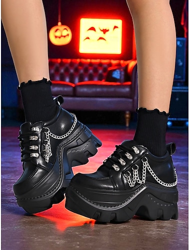  Women's Gothic Halloween Chunky Platform Sneakers with Metal Chains - Punk Edgy Black Lace-Up Shoes for Spooky Party, Alternative Streetwear and Nightlife Looks