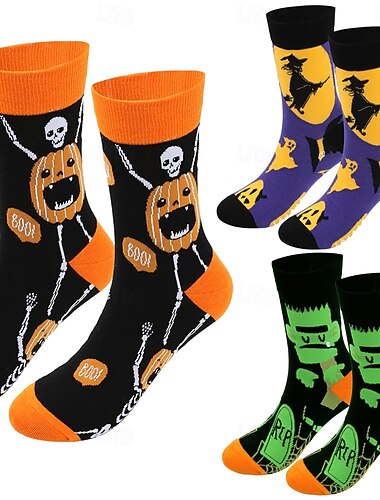  Calcetines de algodón extragrandes para mujer de Halloween, calcetines unisex de media pantorrilla de talla grande para otoño e invierno con diseño de bruja y calabaza.