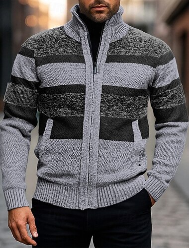  Herren Strickjacke Kurzer Pullover Reißverschluss-Pullover Strickpullover Gerippt Stricken Normale Oberteile Patchwork Tasche Farbblock Stehkragen Mode Klassisch Urlaub Alltagskleidung Bekleidung