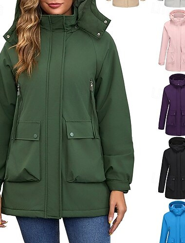 Dámské Trenčkot Nepromokavé bundy a pláště do deště Voděodolný Větruvzdorné Zip Kapsy Módní Venkovní Bez vzoru Jdeme ven Víkend Zip Standardní Kapuce Běžný Dlouhý rukáv Svrchní oděvy Černá Bíl