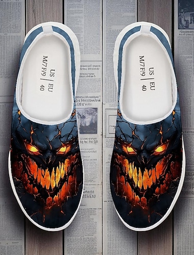  Zapatillas de malla sin cordones para hombre con estampado de calavera ardiente: zapatos casuales para festivales de Halloween, fiestas, viajes y uso diario.