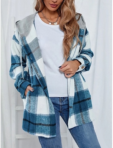  Damen Freizeitjacke Kapuzenjacke Bequem Atmungsaktiv Knöpfe Druck Lässig Karomuster Urlaub Straße Lässig Alltagskleidung Einreihig Regulär Mit Kapuze Lässiger Schnitt Langarm Oberbekleidung Schwarz