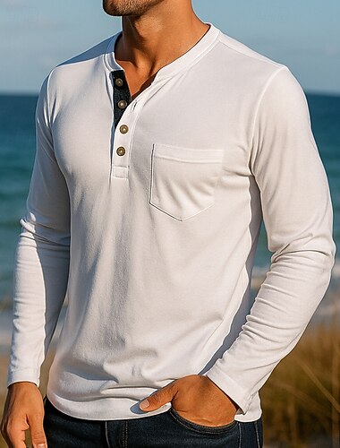  Per uomo Maglietta informale cima dell'escursionismo Camicia Henley Manica Lunga Top Esterno Traspirante Cotone Nero Bianco Verde militare Tennis Golf Corsa