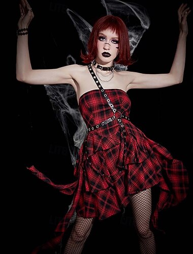  Punk & Gothic Mini Jurken Gothic meisje Asymetrische zoom Ruitjes Kostuum Dames Halloween Carnaval Prestatie Feest Volwassenen Kleding