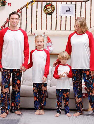 Familie Schlafanzug Weihnachtsmuster Heim Druck Schwarz Weiß Wein Langarm Niedlich Passende Outfits
