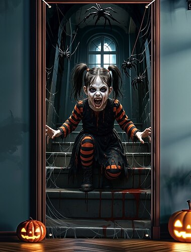  Καλύμματα πόρτας για το Halloween, στοιχειωμένη σκάλα, ανατριχιαστικό κορίτσι, διακόσμηση κουρτίνας πόρτας, φόντο, πανό πόρτας για μπροστινή πόρτα, αγροικία, πάρτι διακοπών για το Halloween,