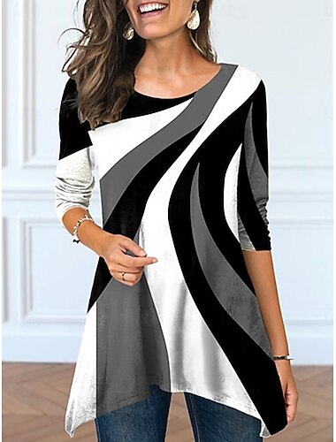 نسائي تي شيرت الرسم هندسي عتيق أنيق كاجوال كم طويل رقبة عالية مدورة قمصان طويلة مناسب للبس اليومي طباعة غير متماثل أبيض أزرق داستي بلو رمادي الصيف الربيع   نسائي تي شيرت الرسم هندسي عتيق أنيق كاجوال كم طويل رقبة عالية مدورة قمصان طويلة مناسب للبس اليومي طباعة غير متماثل أبيض أزرق داستي بلو رمادي الصيف الربيع