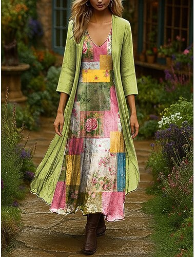  Жен. Платье Комплект Длинное платье Платье A-силуэта Отпуск Богемный Цветочный принт Графика Многослойный С принтом Длинное платье Рукав 3/4 V-образный вырез на открытом воздухе Повседневные