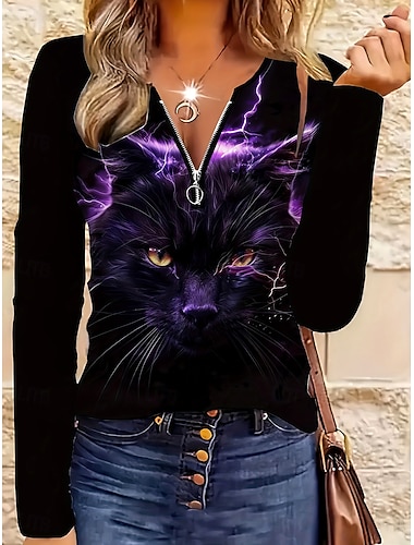  Γυναικείο T shirt Γραφικό Μαύρη Γάτα Ζώο Γάτα Κομψό Vintage Στυλάτο Μακρύ Μανίκι V Λαιμόκοψη Στρογγυλή Λαιμόκοψη Κανονικά Επάνω Καθημερινό Σαββατοκύριακο Ψηφιακή Εκτύπωση Μωβ Άνοιξη Φθινόπωρο Χειμώνα